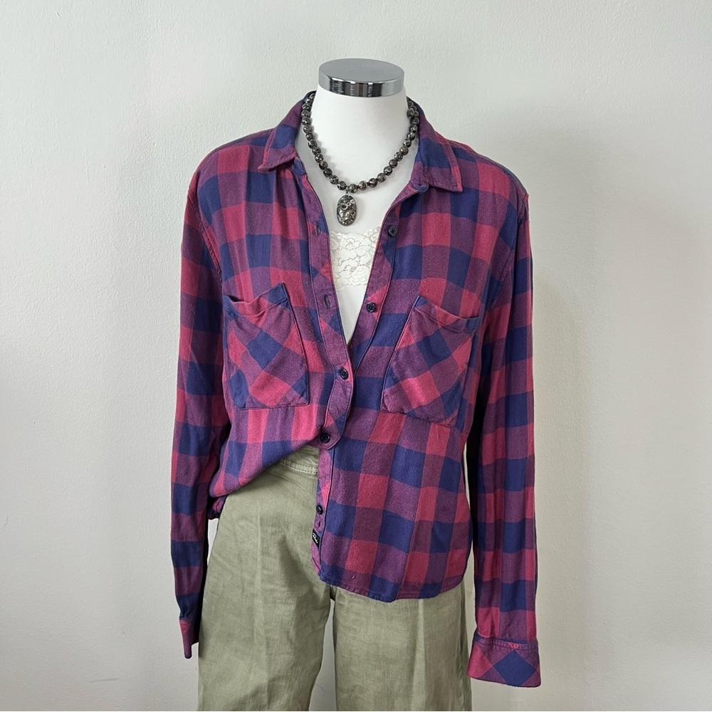 Rails Dylan Rouge Dusk Check Plaid Button Down Shirt Large Blue Red Hipster Boho